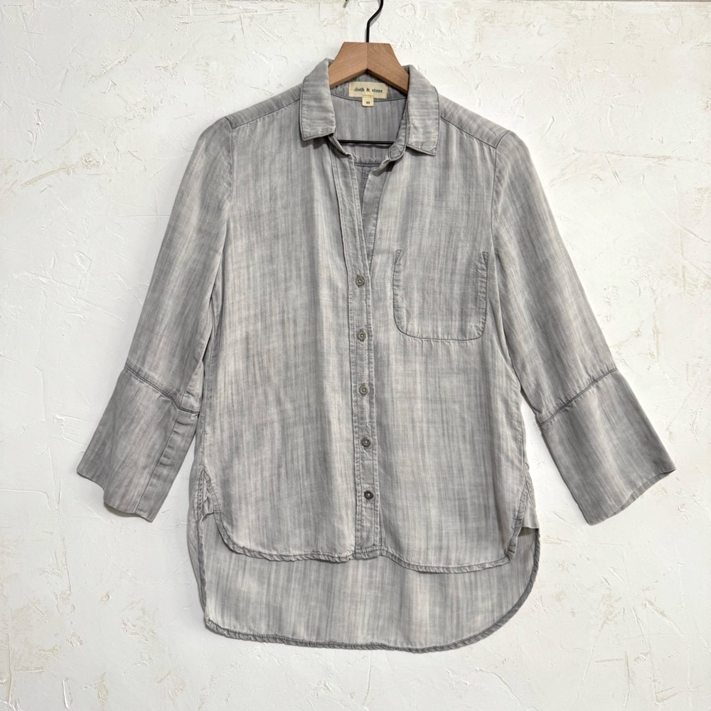 Cloth & Stone Washed Gray Tencel Button-Up Shirt, Hi-Low Hem – XS